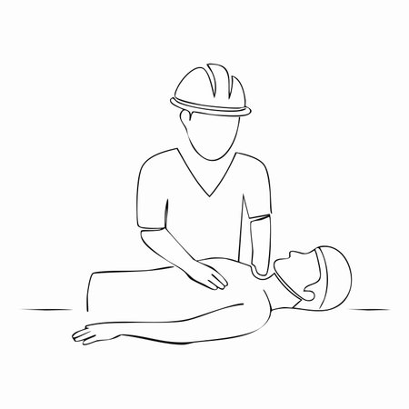 A continuous line drawing illustrates a critical moment of workplace safety, where a rescuer in a hard hat administers first aid to an injured person.のイラスト素材