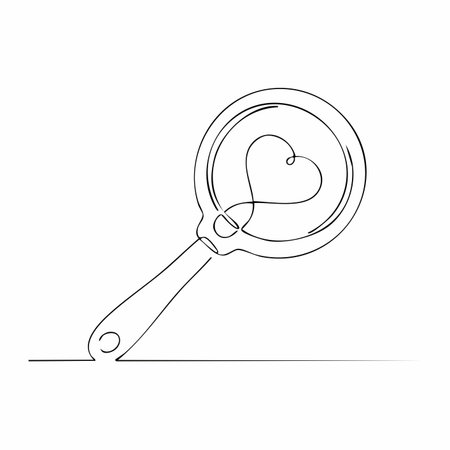 A single, unbroken line forms a magnifying glass focusing on a delicate heart. This minimalist illustration represents the journey of searching for and discovering love, self-love, or passion.のイラスト素材
