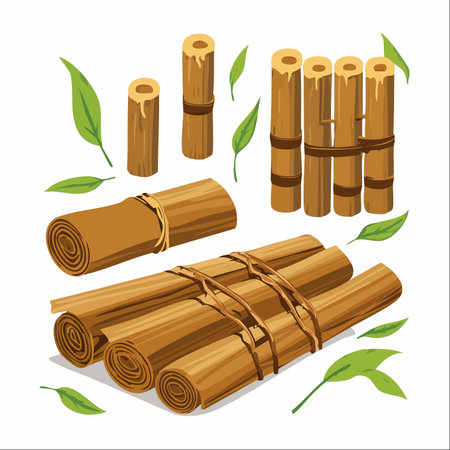 A collection of aromatic cinnamon, showcasing the spice in various forms from raw sticks to rolled bark.のイラスト素材