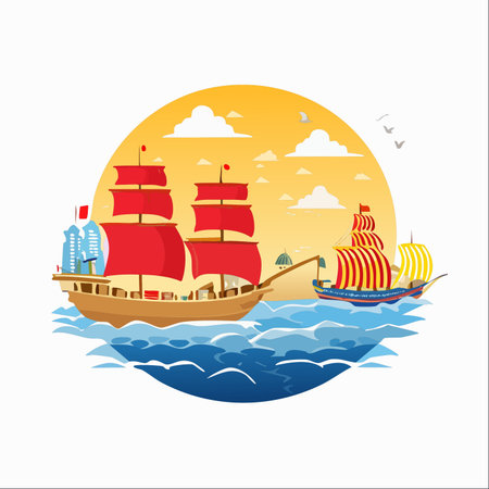 A fleet of ancient galleons with vibrant sails embarks on a grand voyage across a stylized ocean.のイラスト素材