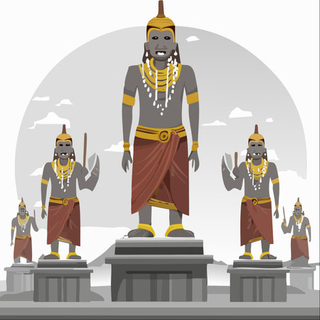 An illustration depicting a row of ancient, powerful deity statues standing guard on stone pedestals.のイラスト素材
