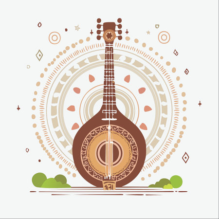 An artistic rendering of a classical sitar, set against a beautifully intricate mandala.のイラスト素材