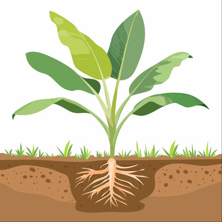 An educational diagram illustrating the complete anatomy of a young banana plant.のイラスト素材
