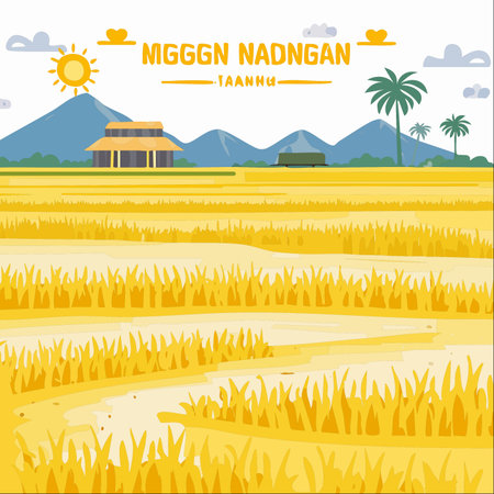 A vibrant vector illustration capturing a peaceful day in the countryside. Golden rice paddies stretch towards a distant mountain range under a bright, sunny sky.のイラスト素材