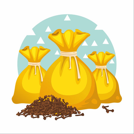 A vibrant illustration of three yellow sacks filled with aromatic whole cloves.のイラスト素材
