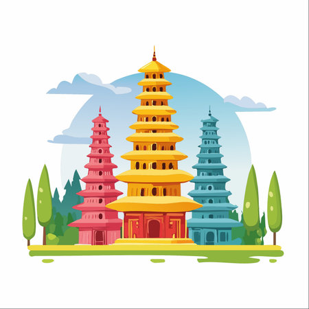 A vibrant vector illustration showcasing three colorful pagodas, representing traditional Asian architecture.のイラスト素材