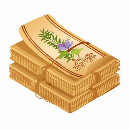 A stack of ancient manuscripts, bound by simple twine, reveals a beautifully detailed botanical illustration of a rare flower.のイラスト素材