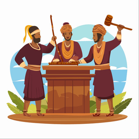 An illustration depicting three ancient craftsmen collaborating on a significant project.のイラスト素材