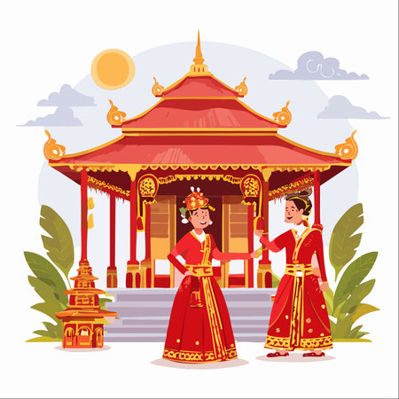 Two smiling Balinese women, dressed in vibrant red and gold traditional costumes, share a joyful moment outside a classic Hindu temple.のイラスト素材