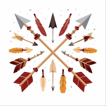 A beautifully arranged collection of tribal arrows, featuring two central crossed arrows surrounded by smaller ones.のイラスト素材