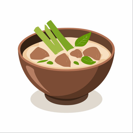 A warm, inviting bowl of traditional Thai Tom Kha Gai soup, featuring tender chunks of meat in a rich coconut milk broth.のイラスト素材