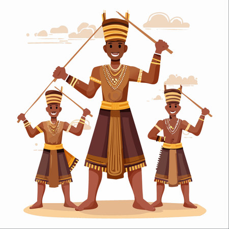 Three smiling African men, dressed in vibrant traditional attire, proudly perform a cultural stick dance.のイラスト素材