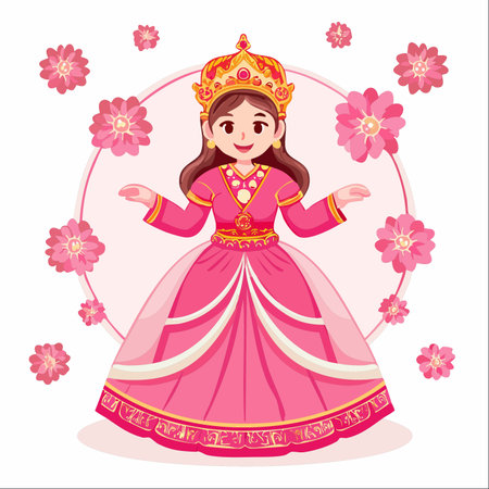A charming cartoon princess, dressed in an elegant pink and gold gown, smiles warmly.のイラスト素材