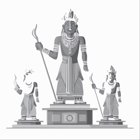 A powerful central deity, flanked by two attendants, stands as a timeless monument to a bygone era.のイラスト素材