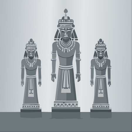 A vector illustration depicting three ancient, monolithic statues standing solemnly.のイラスト素材