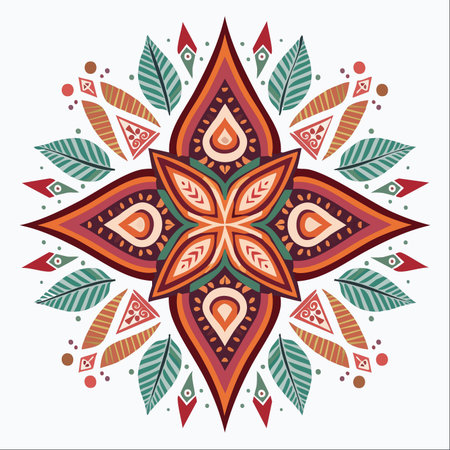 A vibrant and symmetrical mandala illustration, bursting with warm earth tones and cool teal leaves.のイラスト素材