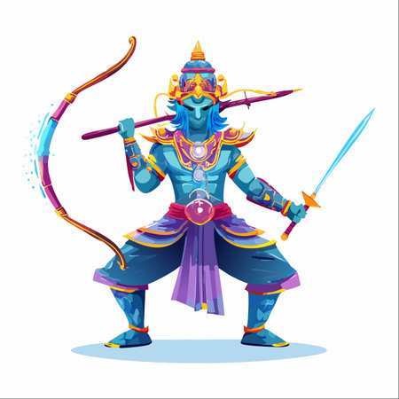 A powerful, blue-skinned deity from an ancient epic stands poised for a legendary conflict.のイラスト素材