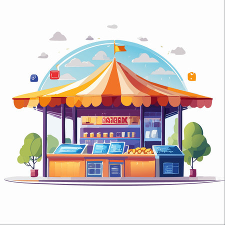 A vibrant and inviting food stand with a colorful striped awning welcomes customers on a sunny day.のイラスト素材