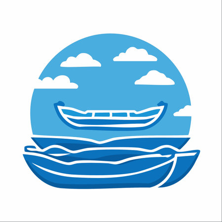 A minimalist vector illustration depicting two boats floating on calm waters under a clear blue sky with fluffy clouds.のイラスト素材