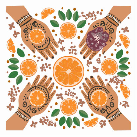 A vibrant, symmetrical illustration celebrating natural abundance and cultural tradition.のイラスト素材