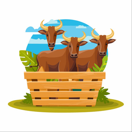 A vibrant vector illustration depicting three sturdy brown bulls standing together in a wooden crate.のイラスト素材