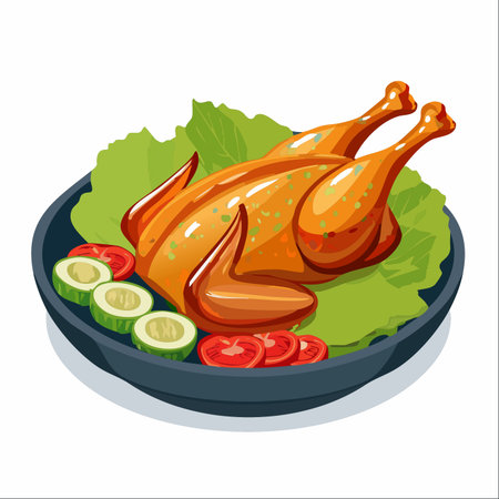 A beautifully roasted chicken, golden-brown and glistening, is presented on a platter.のイラスト素材