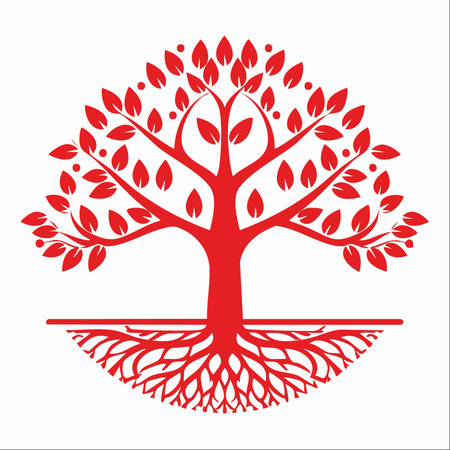A powerful, symmetrical red tree with its branches and intricate roots forming a perfect circle.のイラスト素材