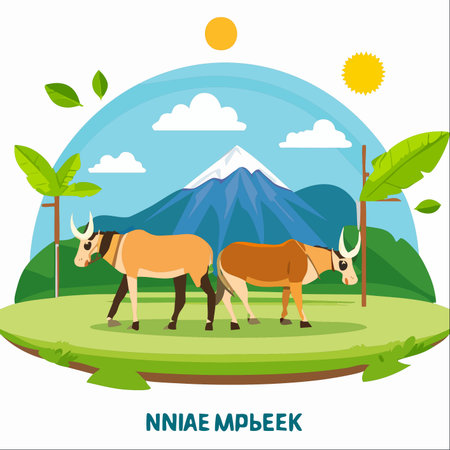 Two anoas, a species of dwarf buffalo native to Indonesia, graze peacefully in a lush green meadow.のイラスト素材