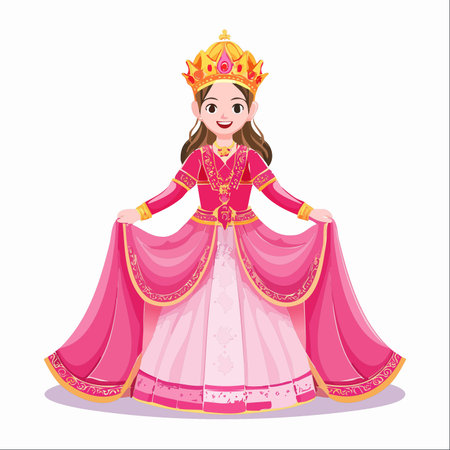 A delightful young princess with a warm smile presents her magnificent pink and gold gown. With a regal crown atop her head, she embodies grace, charm, and the magic of a fairytale kingdom.のイラスト素材