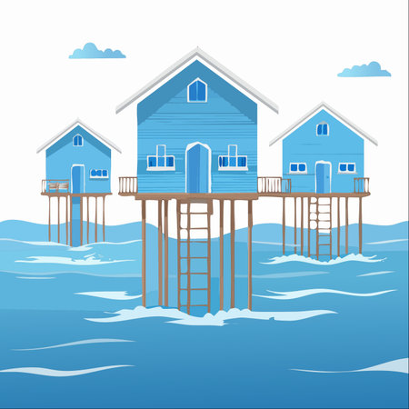 A charming coastal village of blue stilt houses stands peacefully above the gentle ocean waves.のイラスト素材