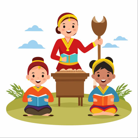 A smiling teacher, dressed in traditional attire, guides two young students in an outdoor lesson.のイラスト素材