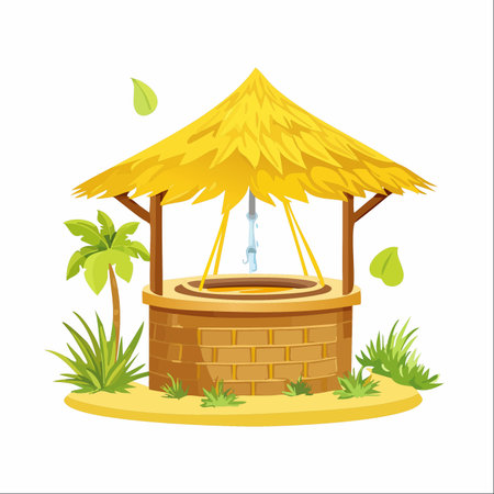 A charming cartoon illustration of a rustic water well, a vital source of fresh water in a sunny, tropical oasis.のイラスト素材