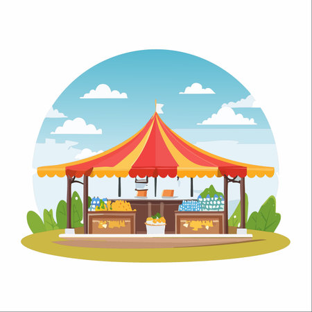 A vibrant illustration of a local market stall under a cheerful red and yellow striped tent.のイラスト素材