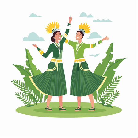 Two joyful women in vibrant green and yellow traditional costumes perform a cultural folk dance.のイラスト素材