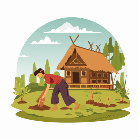 In a serene rural village, a woman diligently tends to her garden, planting new crops in the rich soil.のイラスト素材