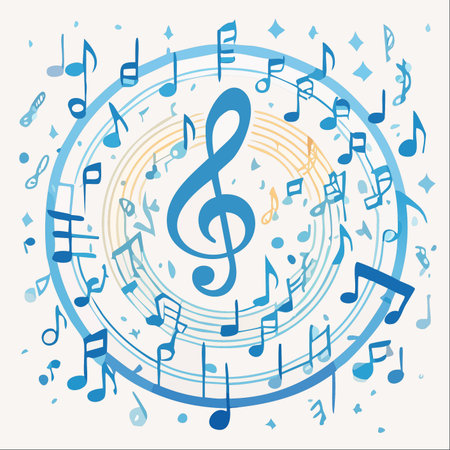 A vibrant symphony of blue musical notes and symbols swirls around a central treble clef.のイラスト素材