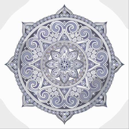An intricate mandala unfolds in cool tones of silver and blue, its symmetrical patterns creating a sense of calm and balance.のイラスト素材