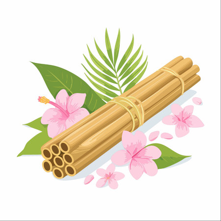 A beautifully arranged composition featuring a bundle of natural bamboo straws, surrounded by delicate pink hibiscus and lush tropical leaves.のイラスト素材