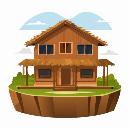 A charming wooden cabin with a traditional thatched roof rests peacefully on a floating island, suspended against a serene sky.のイラスト素材