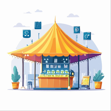 A vibrant pop-up shop bridges the gap between physical retail and the digital world.のイラスト素材