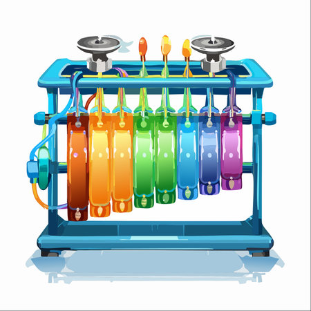 An isolated illustration of a futuristic machine, powered by a vibrant spectrum of rainbow-colored energy cells.のイラスト素材