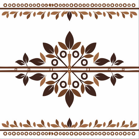 A beautifully balanced and symmetrical decorative element, featuring stylized leaves and circles in warm, earthy brown tones.のイラスト素材