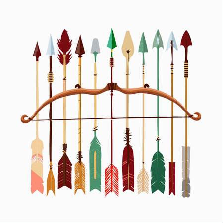 A beautifully illustrated collection of diverse tribal arrows stands ready behind a classic wooden bow.のイラスト素材
