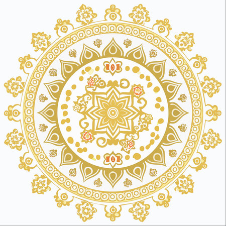 An intricate golden mandala unfolds with perfect symmetry, its floral and geometric patterns creating a sense of peace and luxury.のイラスト素材