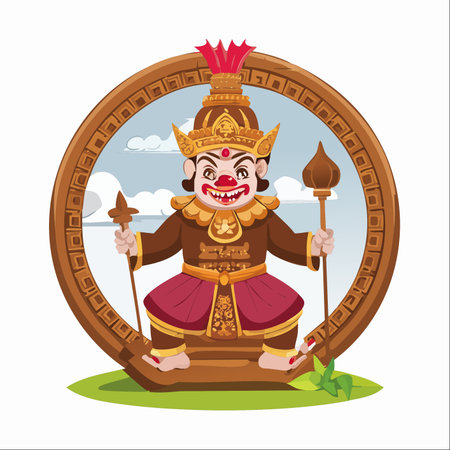 A powerful and colorfully illustrated Yaksha giant, a mythical guardian from Southeast Asian folklore, stands ready for battle.のイラスト素材