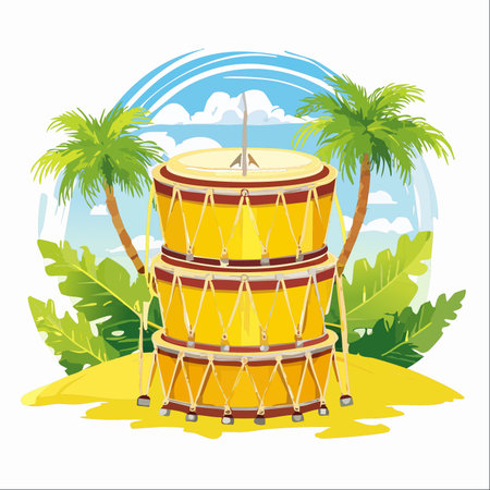 A stack of vibrant yellow drums sits ready on a sun-drenched tropical beach, promising a day of rhythm and celebration.のイラスト素材