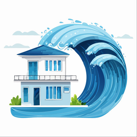 A stylized vector illustration shows the immense power of nature as a massive tsunami wave curls over a vulnerable coastal home.のイラスト素材