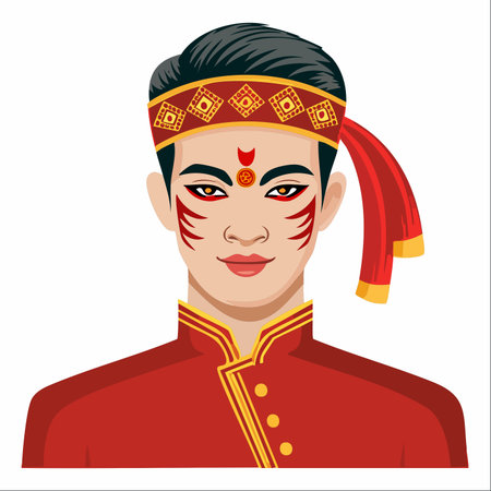 A young man gazes forward with confidence, his face adorned with ceremonial paint for a sacred performance.のイラスト素材