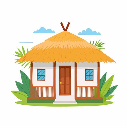 A charming and serene tropical bungalow with a traditional thatched roof, nestled among lush green palm leaves.のイラスト素材