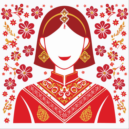 A joyful illustration celebrating cultural heritage. A woman in an ornate red and gold gown, adorned with intricate jewelry, smiles against a backdrop of festive flowers.のイラスト素材
